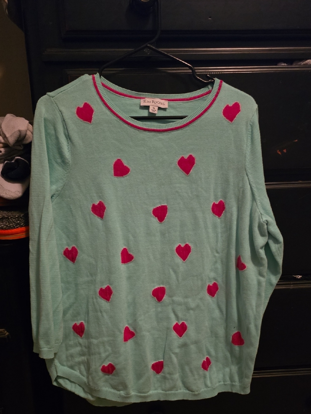 Kim Rogers Mint Green Sweater with Hot Pink Heart Pattern
